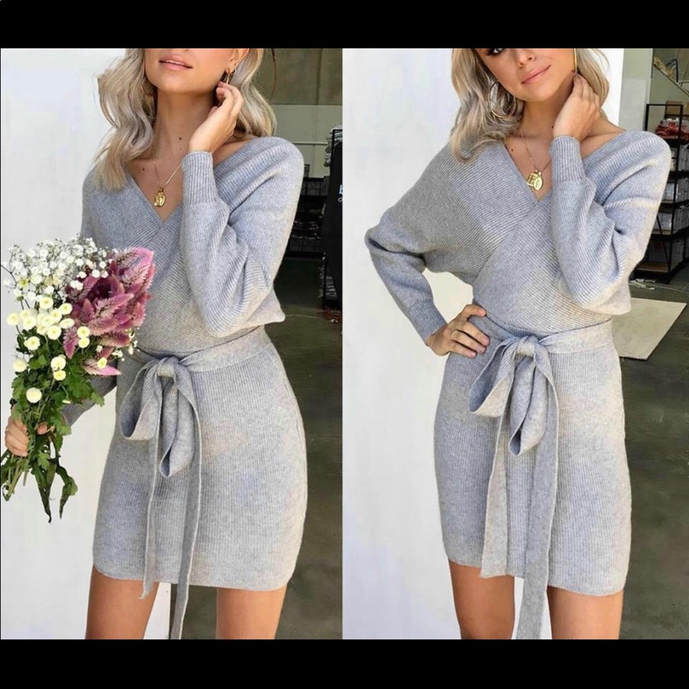 GRAY OFF THE SHOULDER SWEATER DRESS - Picture 3 of 6